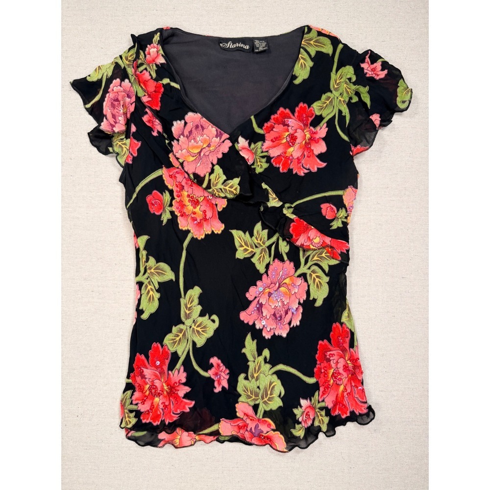 Starina Floral Sequin Ruffle V-Neck Blouse Black Red Pink XL